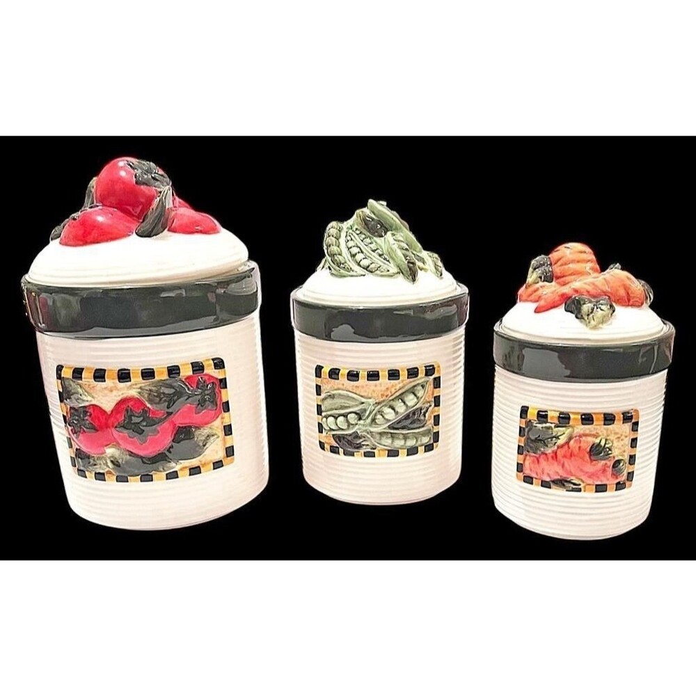 VT 3pc Collections ETC Garden Fresh Kitchen Canisters Vegetable Orange Green NIB